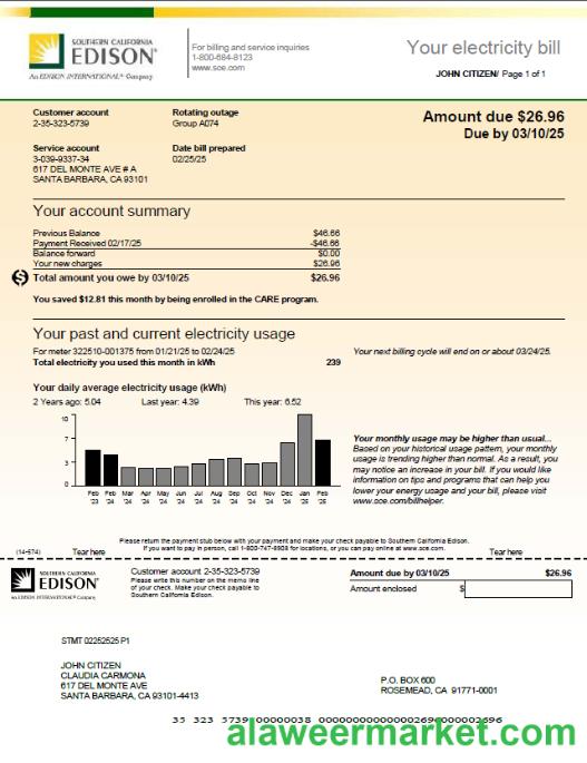 USA Southern California Edison utility bill template in Word and PDF formats, version 2